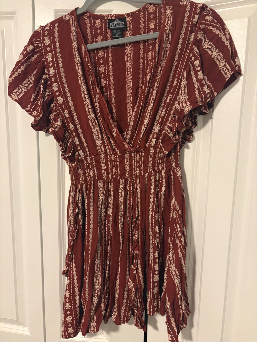 Angie Rust Red Printed V-Neck Smocked Mini Dress